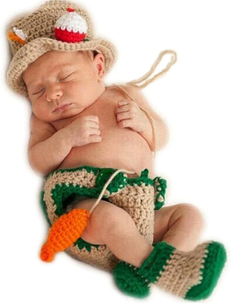 Pinbo Baby Photography Prop Crochet Fishing Fisherman & Fish Hat Diaper Shoes - Image 1